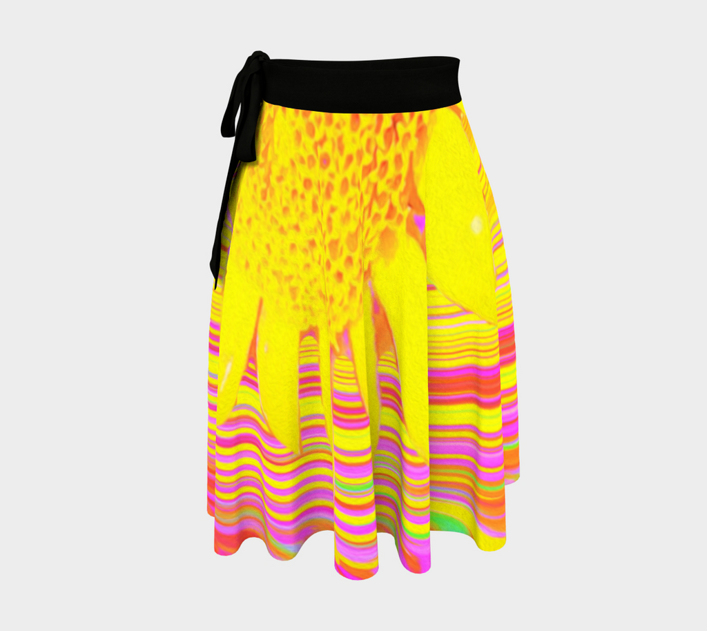 Wrap Skirts for Women, Yellow Sunflower on a Psychedelic Swirl