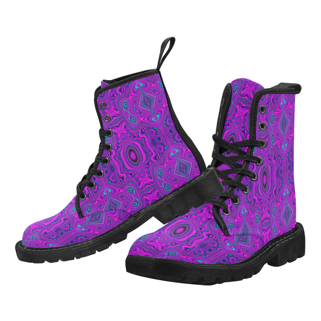 Boots for Women, Trippy Retro Magenta and Black Abstract Pattern - Black