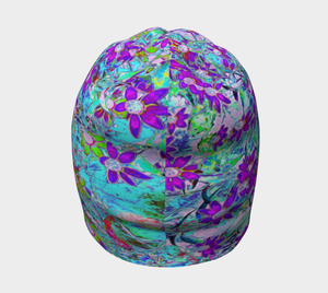 Beanie Hat, Aqua Garden with Violet Blue and Hot Pink Flowers