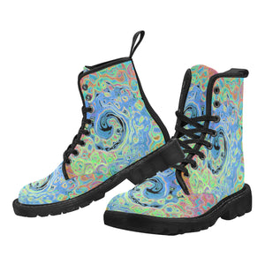 Boots for Women, Watercolor Blue Groovy Abstract Retro Liquid Swirl - Black