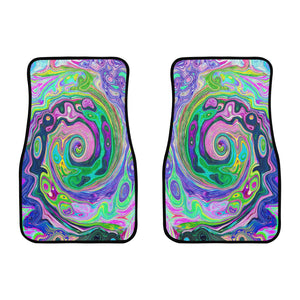 Car Floor Mats, Groovy Abstract Aqua and Navy Lava Swirl - Front Set of Two