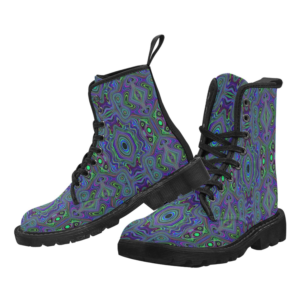 Boots for Women, Trippy Retro Royal Blue and Lime Green Abstract - Black