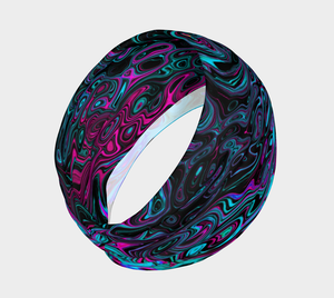 Wide Fabric Headband, Retro Aqua Magenta and Black Abstract Swirl, Face Covering