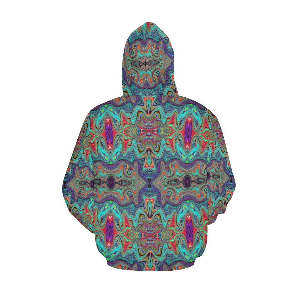 Hoodies for Women, Wavy Sea Foam Green and Red Trippy Pattern