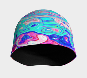 Beanie Hats for Women, Groovy Aqua Blue and Pink Abstract Retro Swirl