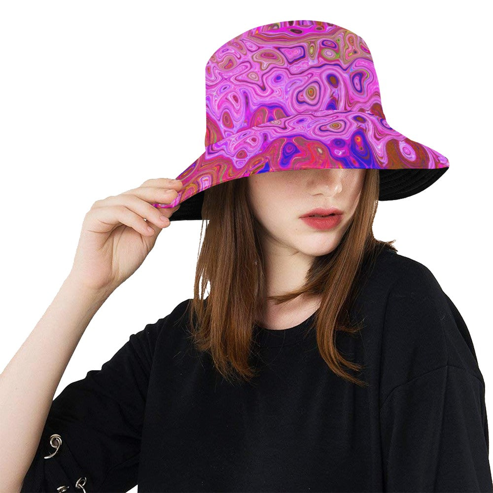 Bucket Hats for Women, Hot Pink Marbled Colors Abstract Retro Swirl