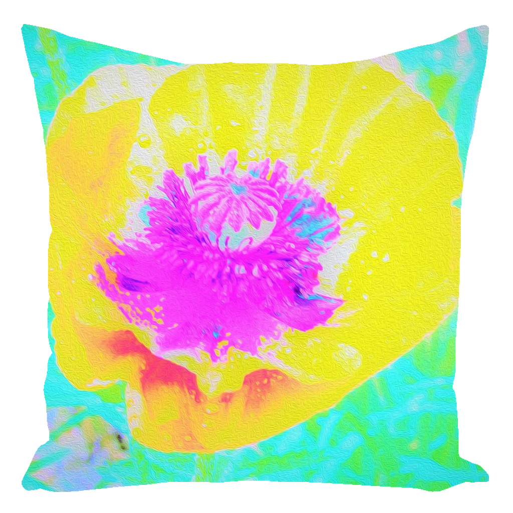 Decorative Throw Pillows, Yellow Poppy with Hot Pink Center on Turquoise