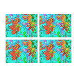 Cloth Placemats Set, Aqua Tropical with Yellow and Orange Flowers