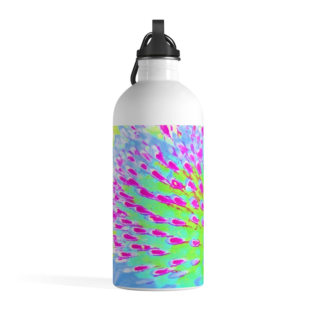 Stainless Steel Water Bottle, Lime Green and Purple Abstract Cone Flower