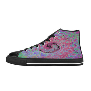 High Top Sneakers for Women - Pink and Lime Green Groovy Abstract Retro Swirl - Black