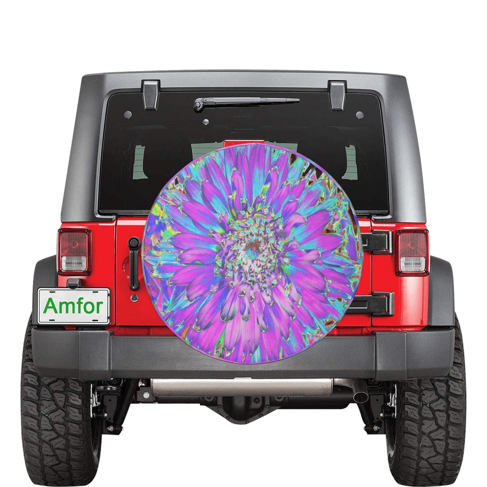 Spare Tire Covers, Trippy Abstract Aqua, Lime Green and Purple Dahlia - Large