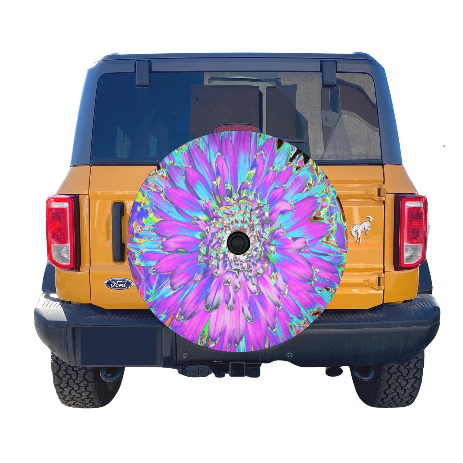 Spare Tire Cover with Backup Camera Hole - Trippy Abstract Aqua, Lime Green and Purple Dahlia - Small