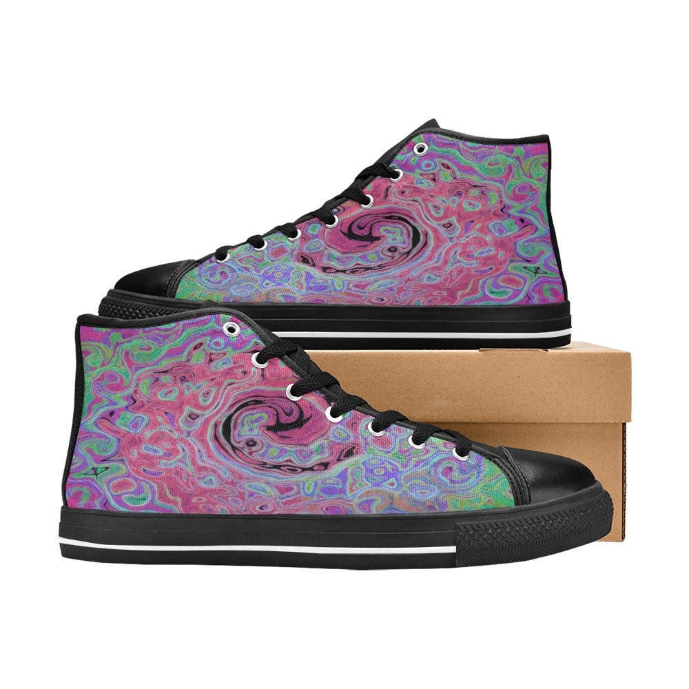 High Top Sneakers for Women - Pink and Lime Green Groovy Abstract Retro Swirl - Black