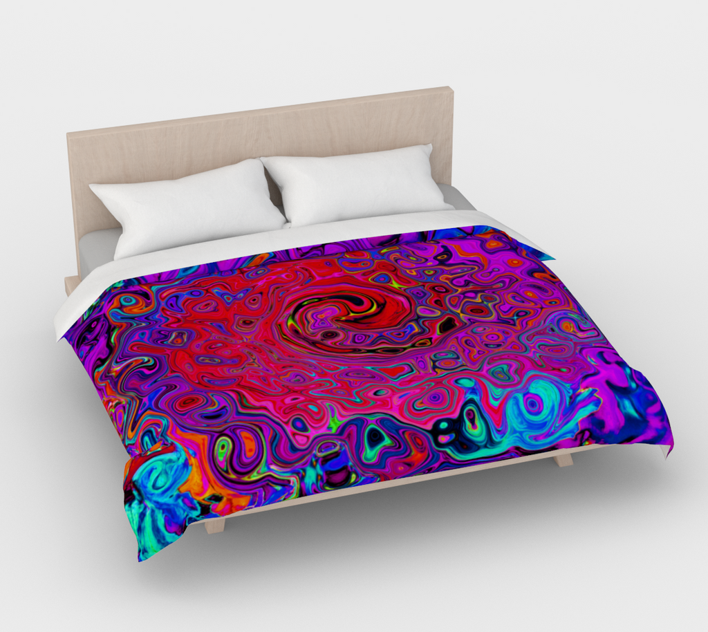 Artsy Duvet Covers, Trippy Red and Purple Abstract Retro Liquid Swirl