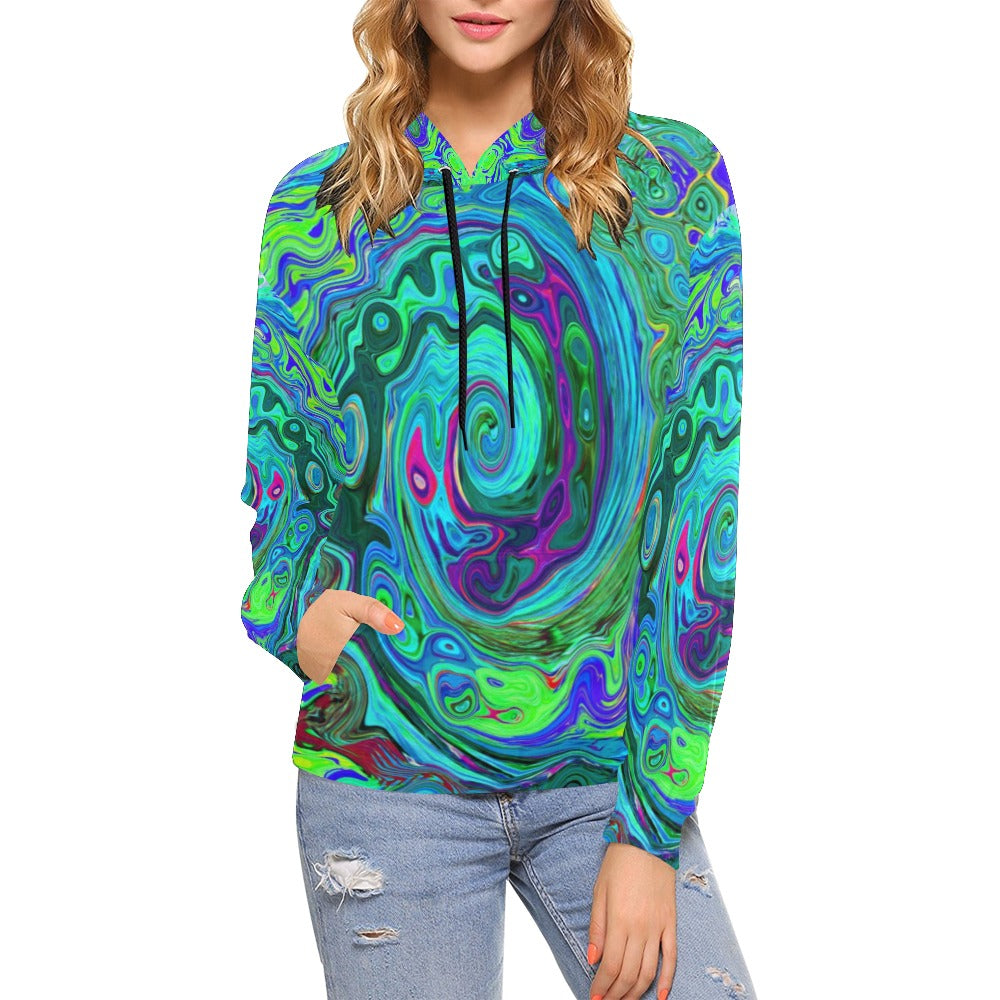 Hoodies for Women, Groovy Abstract Retro Green and Blue Swirl