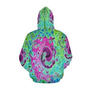 Hoodies for Men, Hot Pink and Blue Groovy Abstract Retro Liquid Swirl
