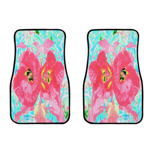 Car Floor Mats, Two Rosy Red Coral Plum Crazy Hibiscus on Aqua - Front Set of 2