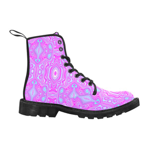 Boots for Women, Trippy Hot Pink and Aqua Blue Abstract Pattern - Black