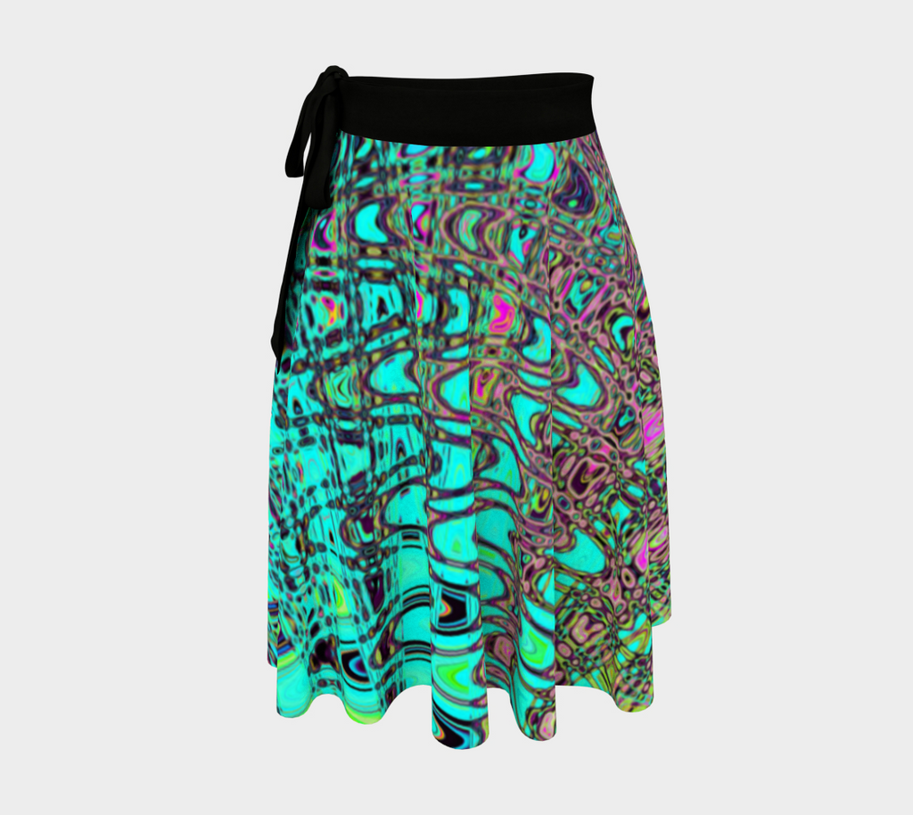 Wrap Skirts | Abstract Kaleidoscopic Aqua Retro Boomerang Waves