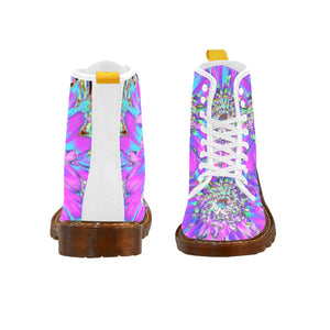 Boots for Women, Trippy Abstract Aqua, Lime Green and Purple Dahlia - White