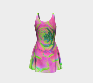 Fit and Flare Dresses, Lime Green and Pink Succulent Sedum Rosette