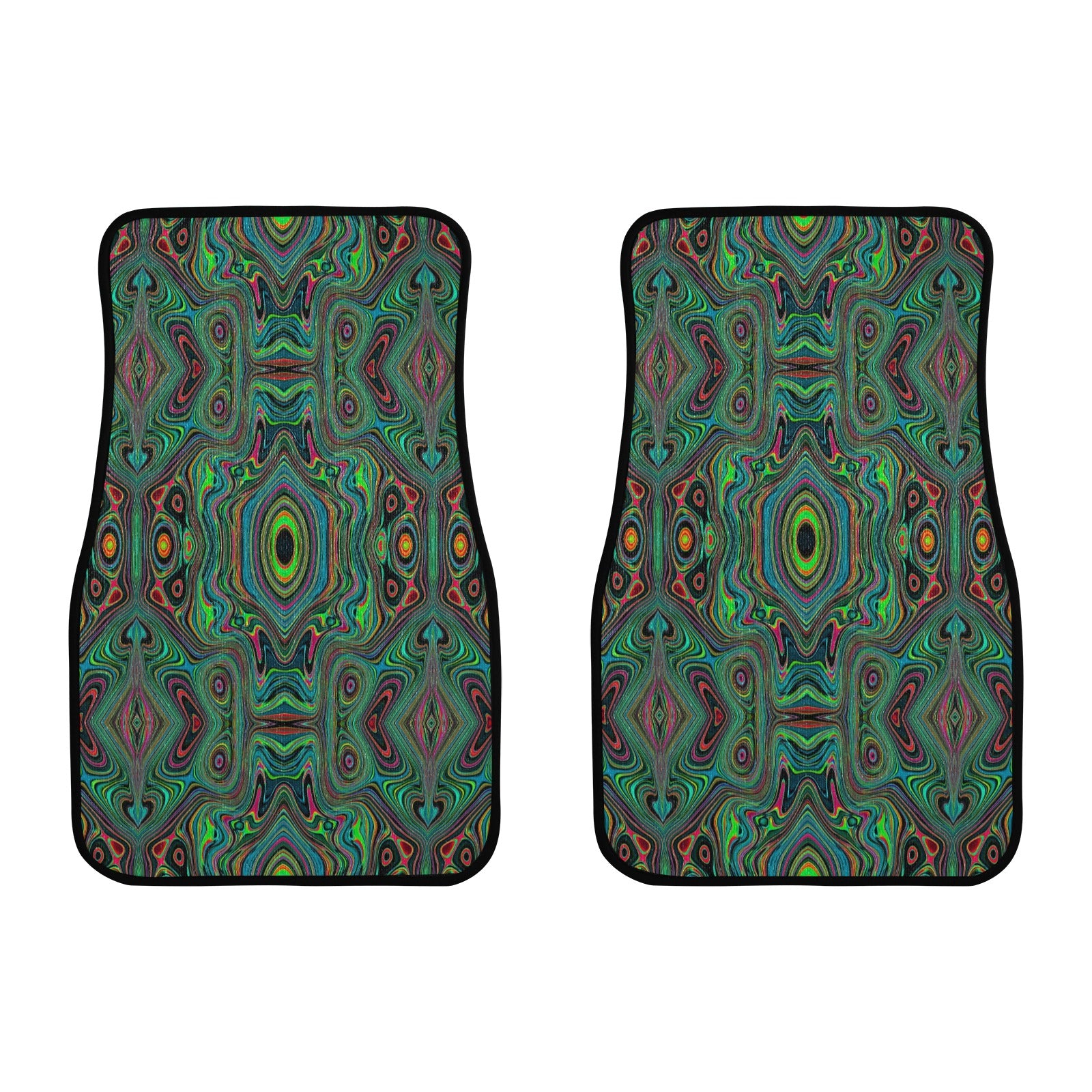 Car Floor Mats, Trippy Retro Black and Lime Green Abstract Pattern - Front Set of 2