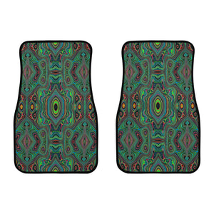Car Floor Mats, Trippy Retro Black and Lime Green Abstract Pattern - Front Set of 2