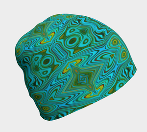 Beanie Hats, Trippy Retro Turquoise Chartreuse Abstract Pattern