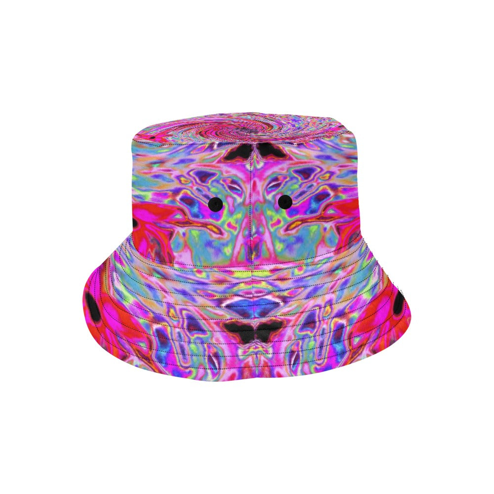 Bucket Hats, Cool Abstract Retro Hot Pink and Red Floral Swirl