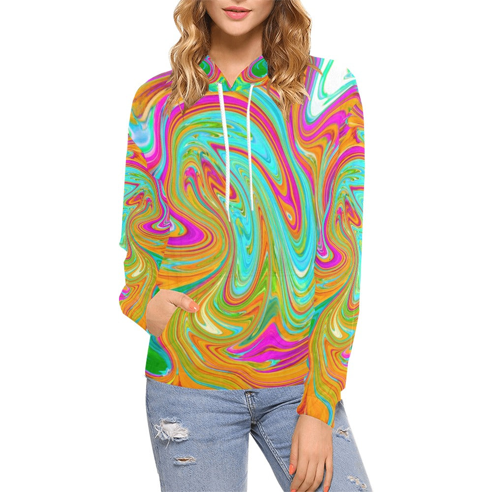 Hoodies for Women, Blue, Orange and Hot Pink Groovy Abstract Retro Art