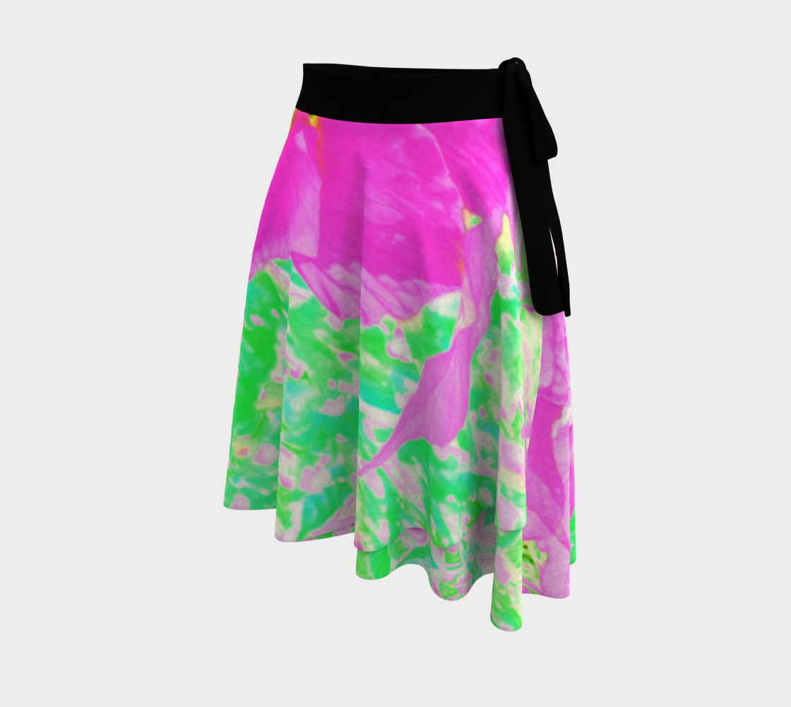 Artsy Wrap Skirt, Two Hot Pink Plum Crazy Hibiscus on Lime Green