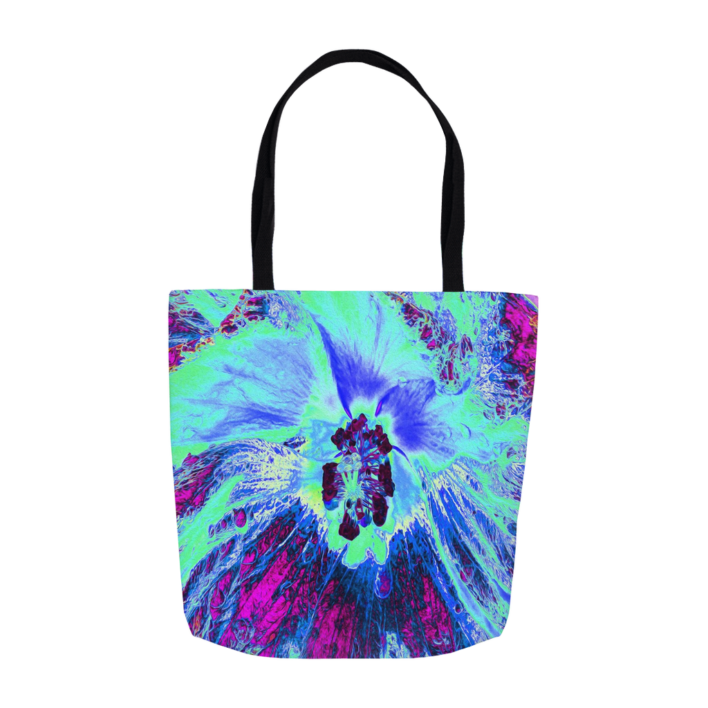Tote Bags, Psychedelic Retro Green and Blue Hibiscus Flower