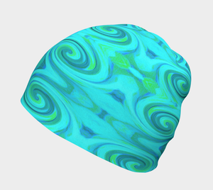 Beanie Hats, Groovy Cool Abstract Aqua Liquid Art Swirl Pattern