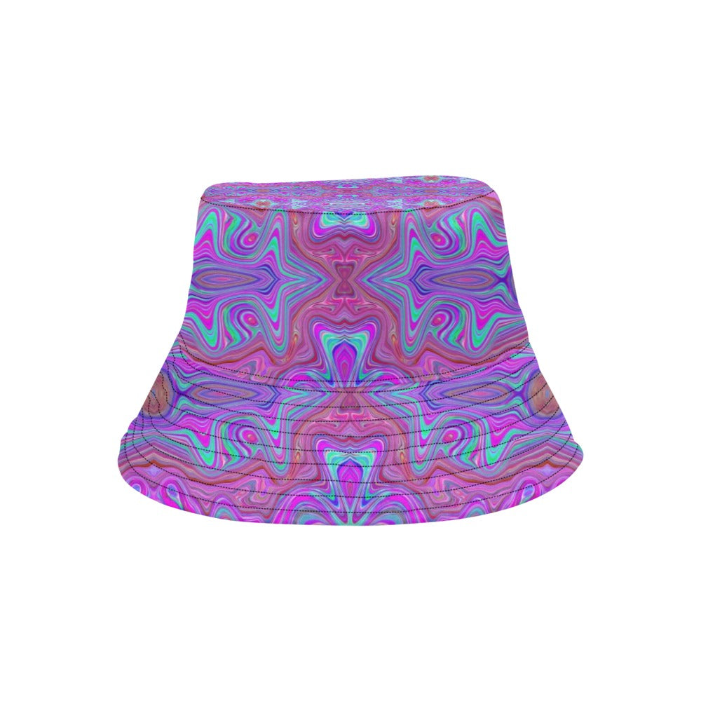 Colorful Bucket Hats, Wavy Magenta and Green Trippy Marbled Pattern