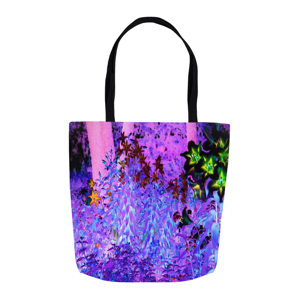 Tote Bags, Spooky Black and Crimson Lily Garden Landscape