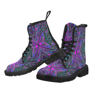 Boots for Women, Trippy Magenta, Blue and Green Abstract Butterfly - Black