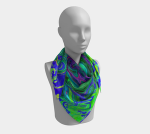 Square Scarves for Women, Groovy Abstract Retro Green and Blue Swirl