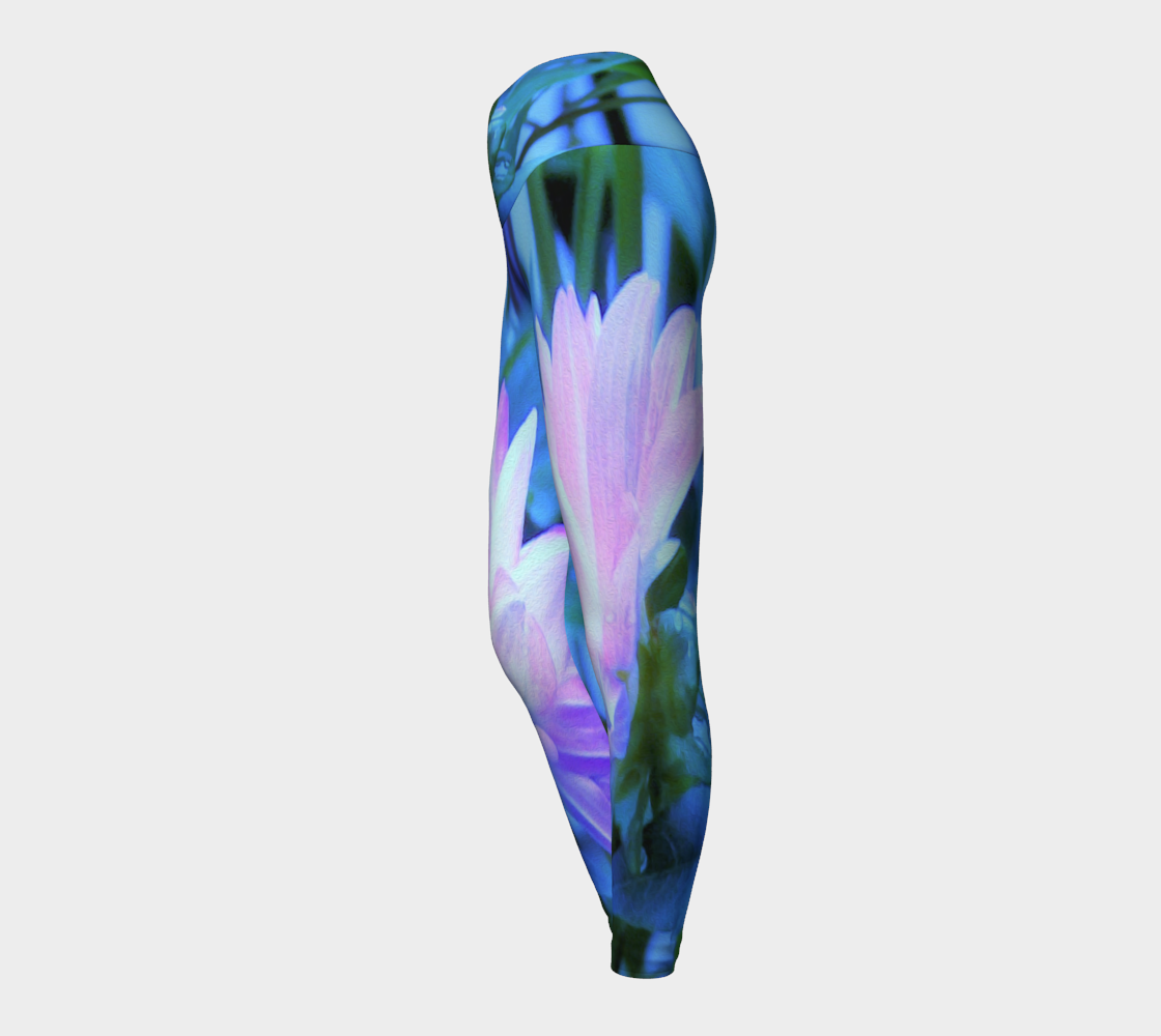 Artsy Yoga Leggings, White and Purple Dahlia Profile on Blue