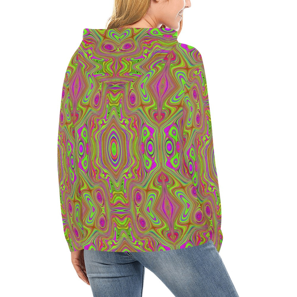 Hoodies for Women, Trippy Retro Chartreuse Magenta Abstract Pattern