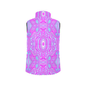 Women's Stand Collar Vest, Trippy Hot Pink and Aqua Blue Abstract Pattern