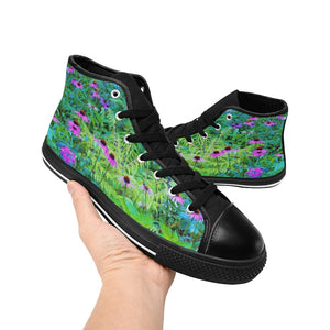 High Top Sneakers for Women, Purple Coneflower Garden with Chartreuse Foliage - Black