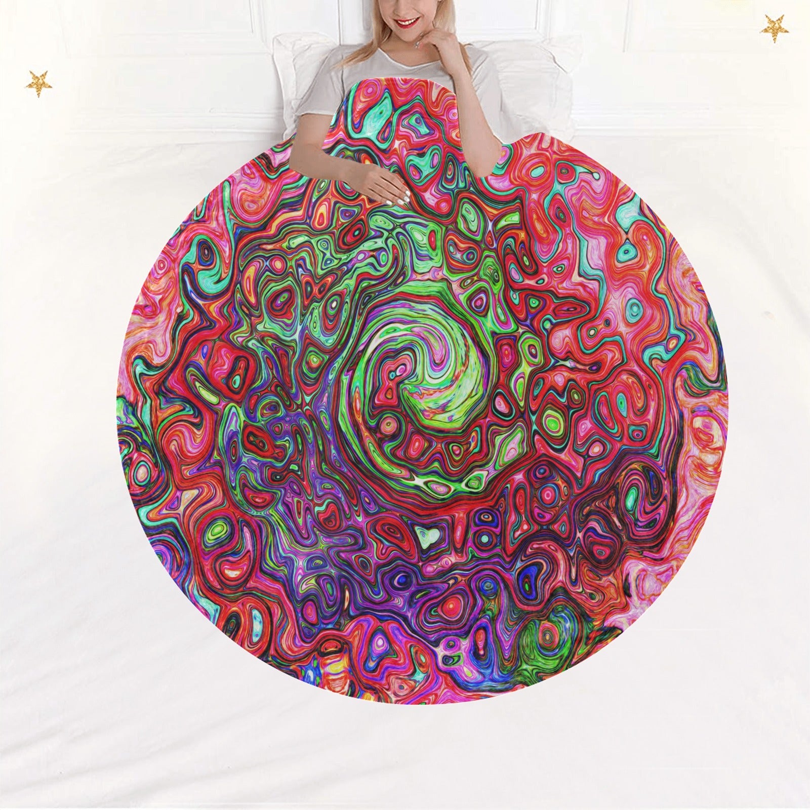 Round Throw Blankets, Watercolor Red Groovy Abstract Retro Liquid Swirl