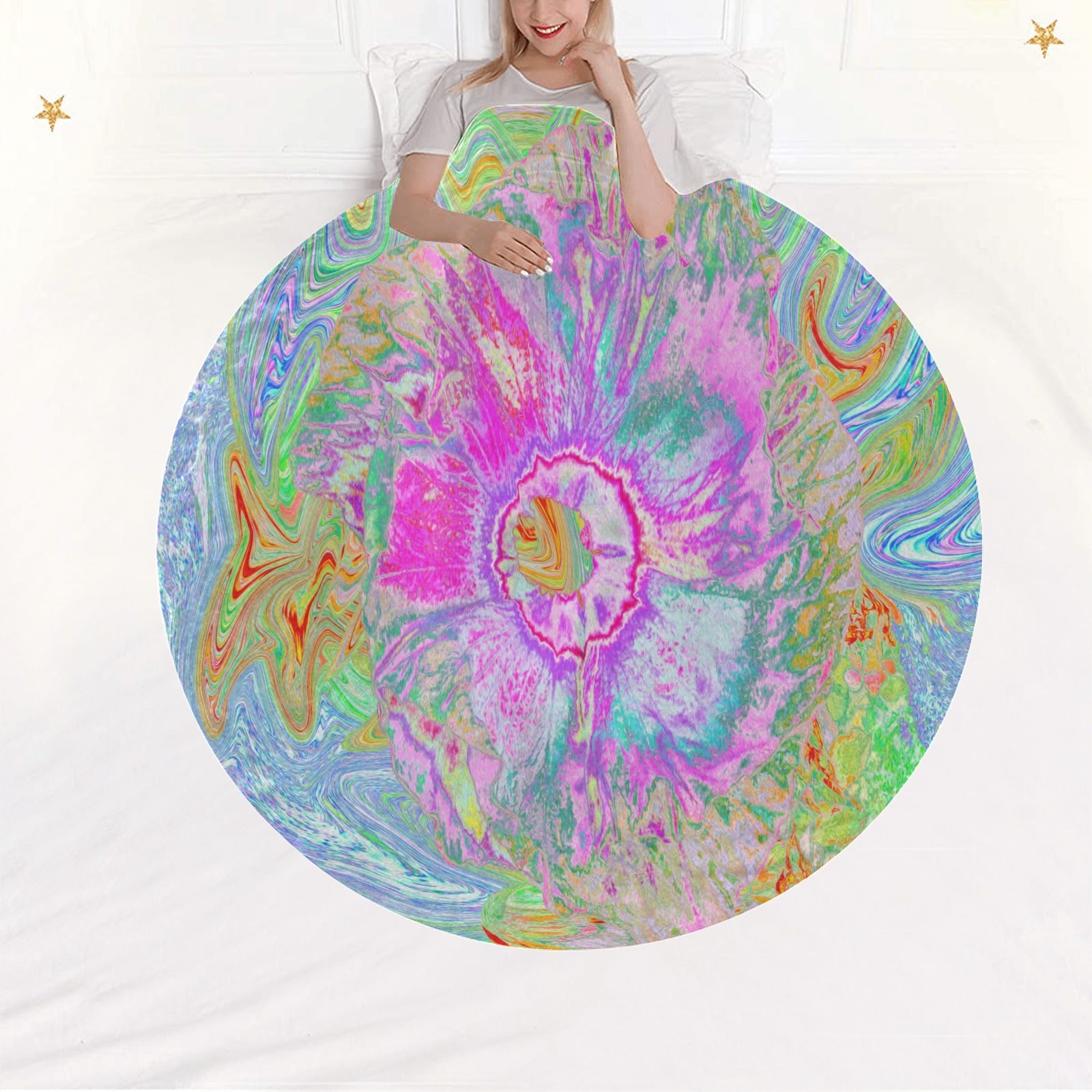 Round Throw Blankets, Psychedelic Hot Pink and Ultra-Violet Hibiscus