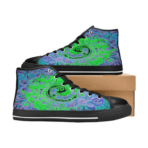 High Top Sneakers for Women - Lime Green Groovy Abstract Retro Liquid Swirl
