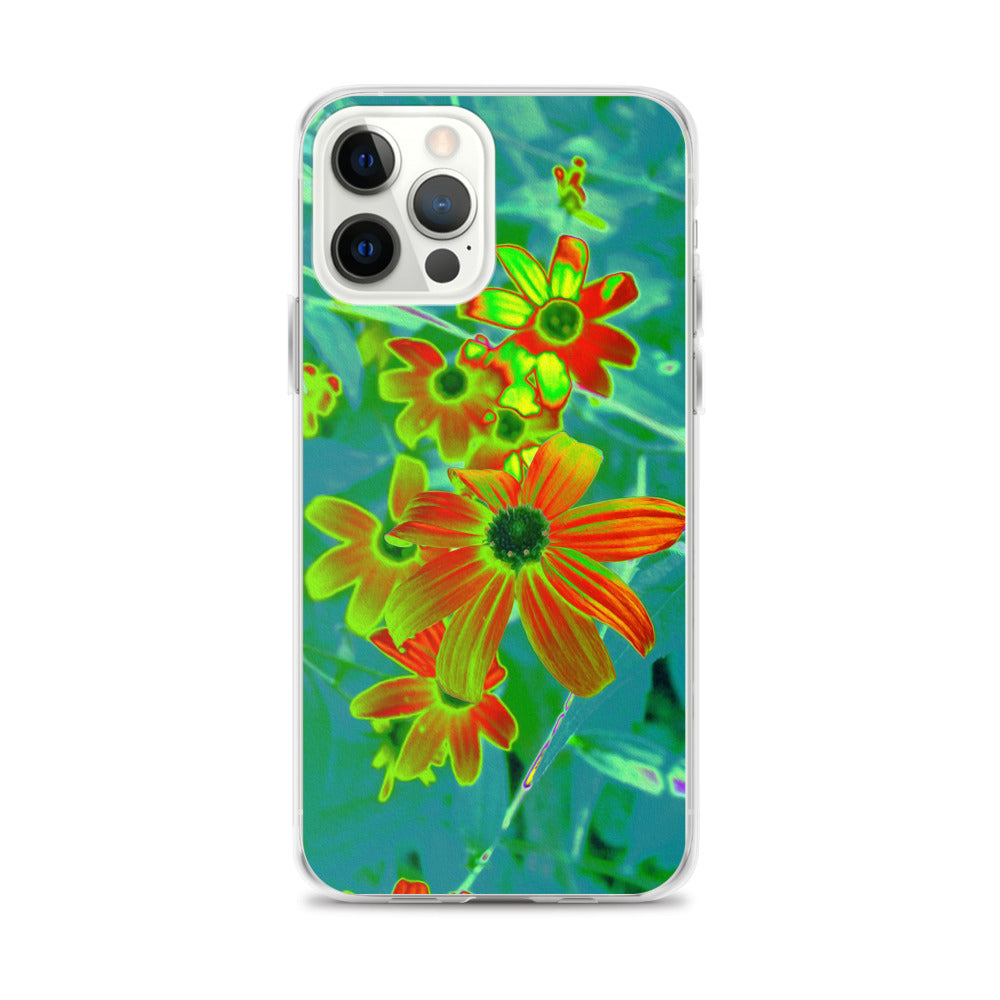 iPhone 12 Pro Max Case, Trippy Yellow and Red Wildflowers on Retro Blue