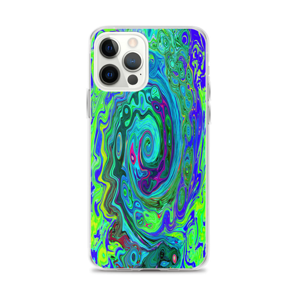 iPhone 12 Pro Max Case, Groovy Abstract Retro Green and Blue Swirl
