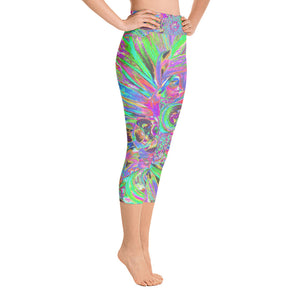 Capri Yoga Leggings, Festive Colorful Psychedelic Dahlia Flower Petals