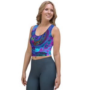 Cropped Tank Top, Groovy Abstract Retro Blue and Purple Swirl