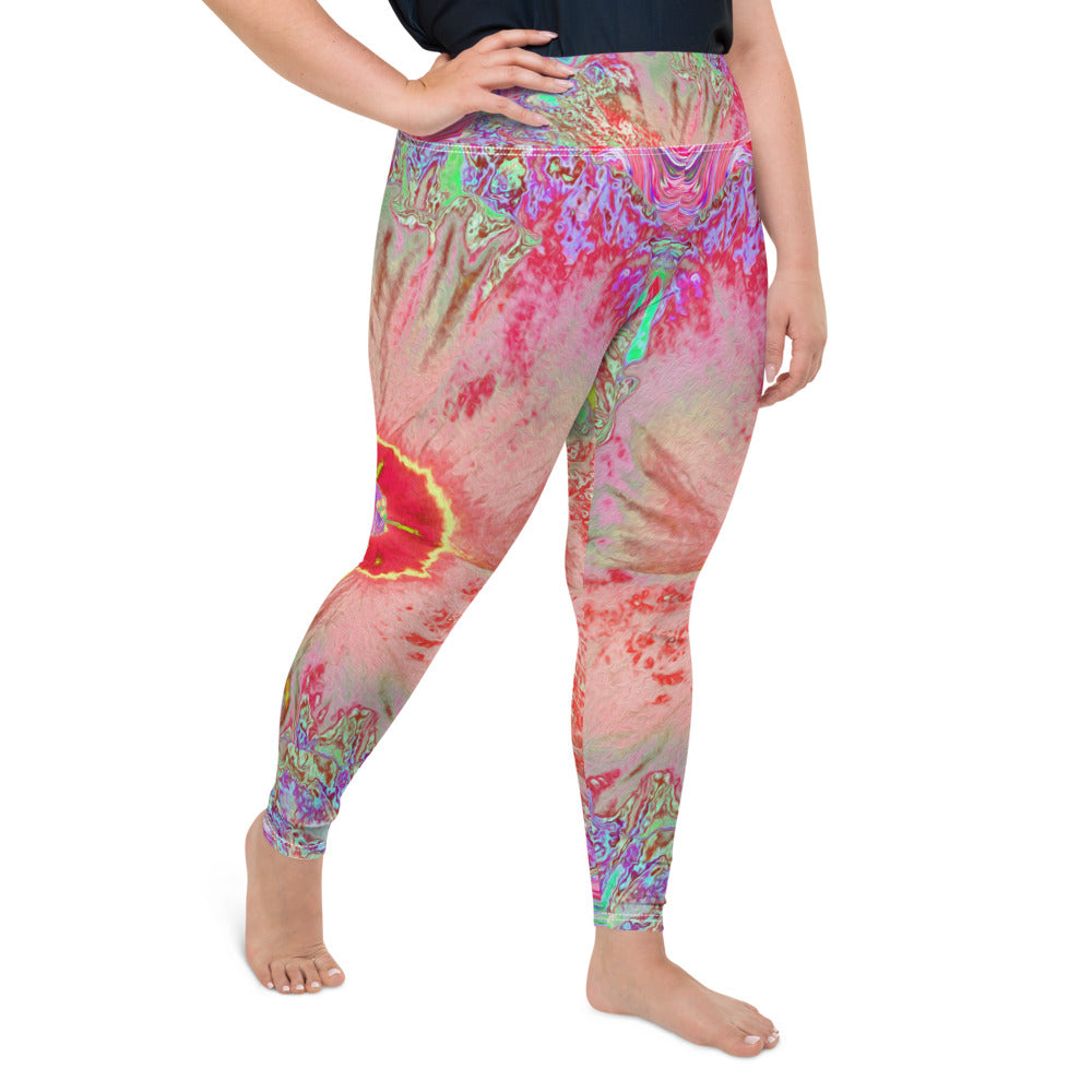 Plus Size Leggings, Psychedelic Retro Coral Rainbow Hibiscus