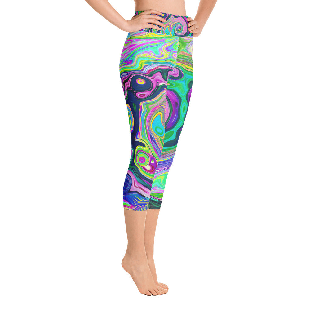 Capri Yoga Leggings, Groovy Abstract Aqua and Navy Lava Swirl